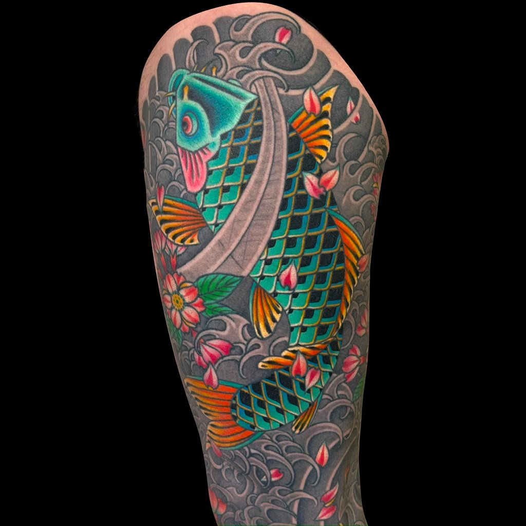 Full-colour Japanese koi tattoo by Mark C. Merchant, tattoo artist in Dallas, TX